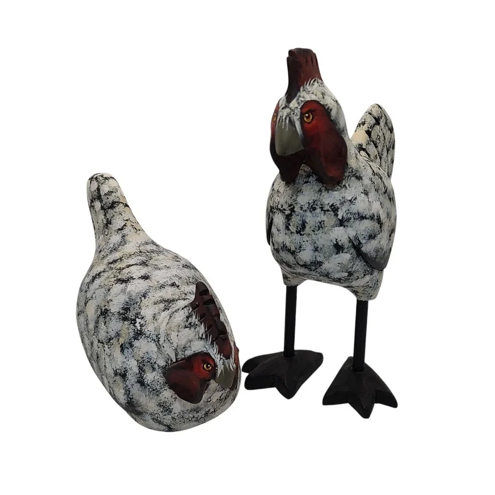 Vintage Handmade Chicken and Rooster Wooden Signed‎ Decorative Set of Two 2000